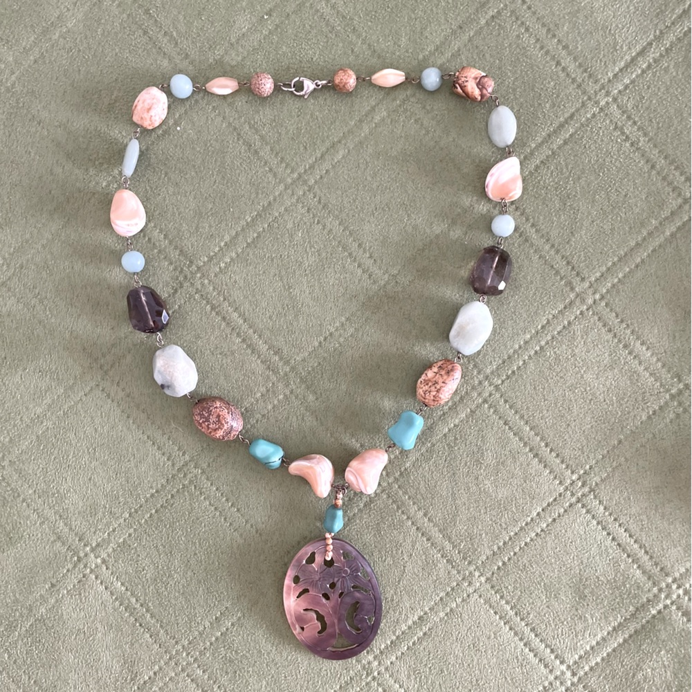 Polished Natural Stones & Abalone Necklace - Coastal Grandma
